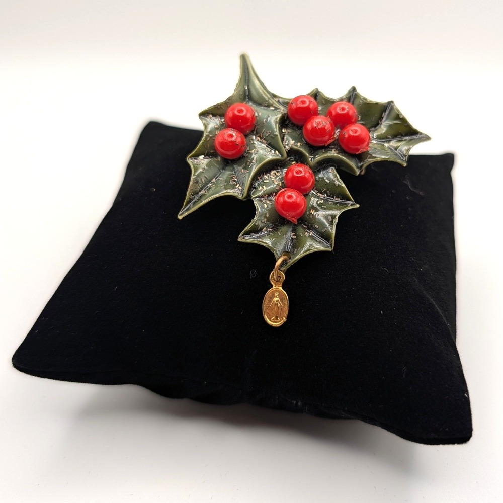 Unbranded Christmas Holly Berry Brooch with Miraculous Medal Charm Green Red 2"